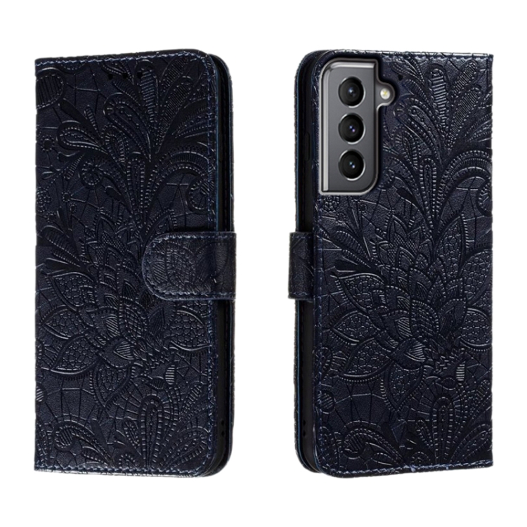 

For Samsung Galaxy S21 Lace Flower Embossing Flip Leather Phone Case(Dark Blue)