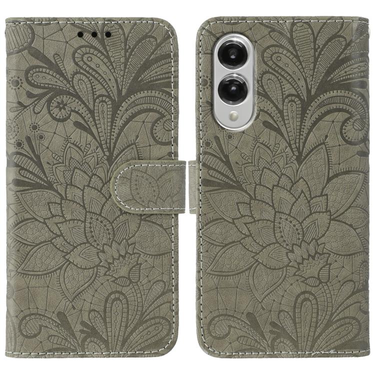 

For Samsung Galaxy S25 Edge 5G Lace Flower Embossing Flip Leather Phone Case(Grey)