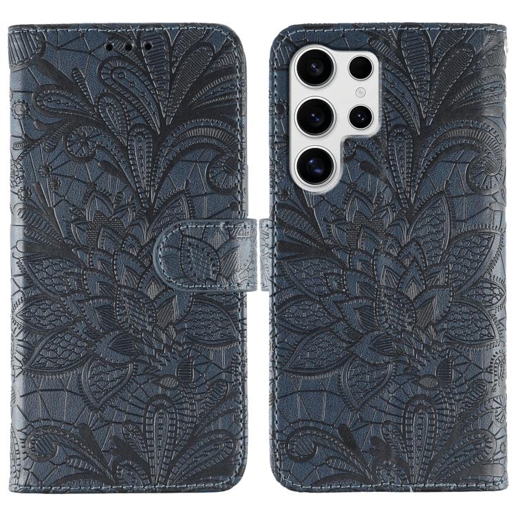 

For Samsung Galaxy S25 Ultra 5G Lace Flower Embossing Flip Leather Phone Case(Dark Blue)