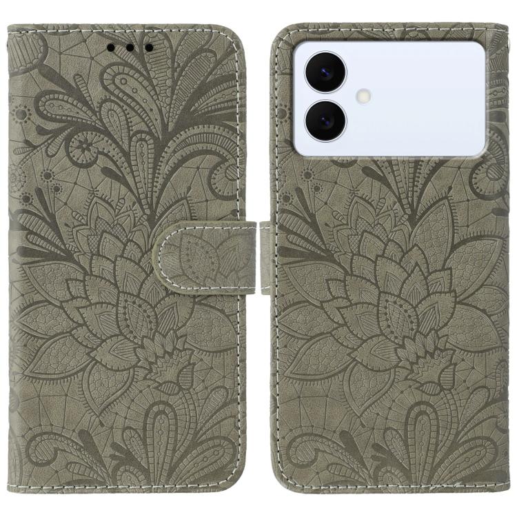 

For Samsung Galaxy S26 Edge 5G Lace Flower Embossing Flip Leather Phone Case(Grey)