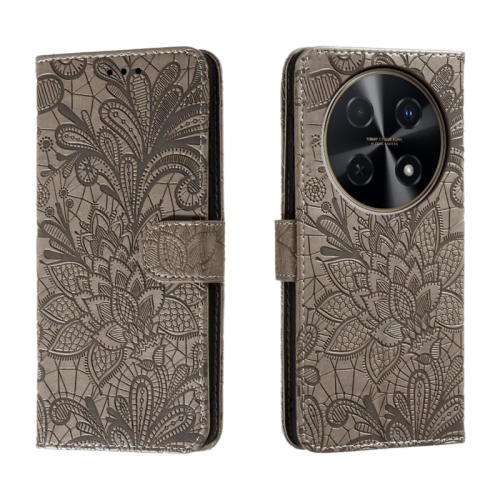 

For Huawei Enjoy 70 Pro Lace Flower Embossing Flip Leather Phone Case(Grey)