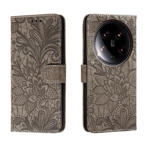 

For Xiaomi 14 Ultra Lace Flower Embossing Flip Leather Phone Case(Grey)