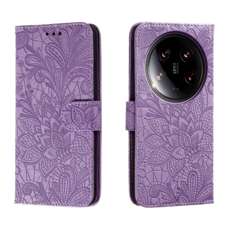 

For Xiaomi 14 Ultra Lace Flower Embossing Flip Leather Phone Case(Purple)
