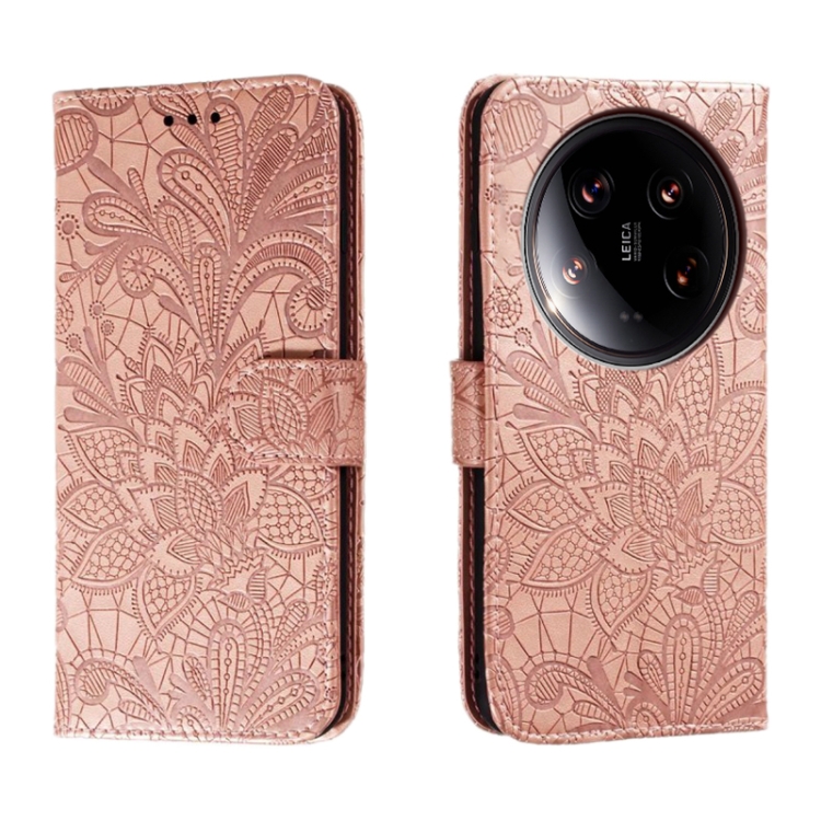 

For Xiaomi 14 Ultra Lace Flower Embossing Flip Leather Phone Case(Rose Gold)