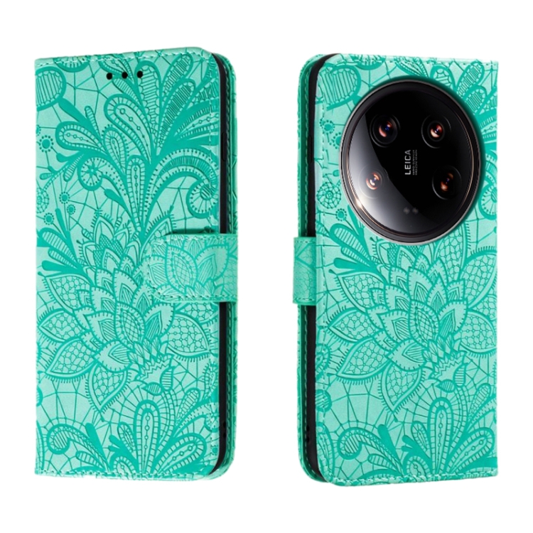 

For Xiaomi 14 Ultra Lace Flower Embossing Flip Leather Phone Case(Green)