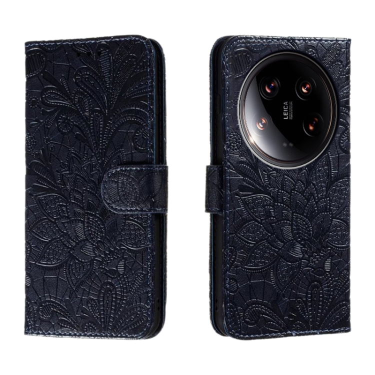 

For Xiaomi 14 Ultra Lace Flower Embossing Flip Leather Phone Case(Dark Blue)