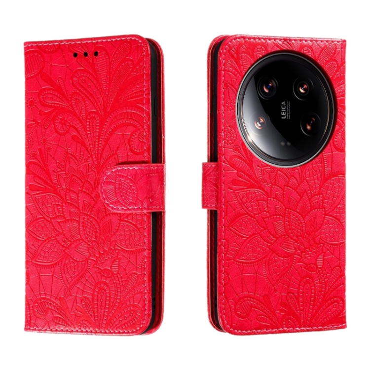 

For Xiaomi 14 Ultra Lace Flower Embossing Flip Leather Phone Case(Red)
