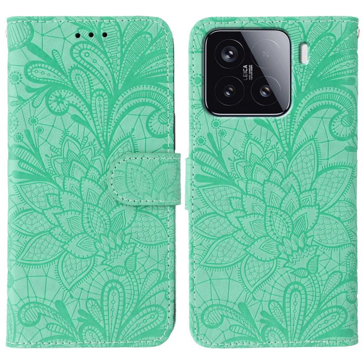 

For Xiaomi 15 Lace Flower Embossing Flip Leather Phone Case(Green)