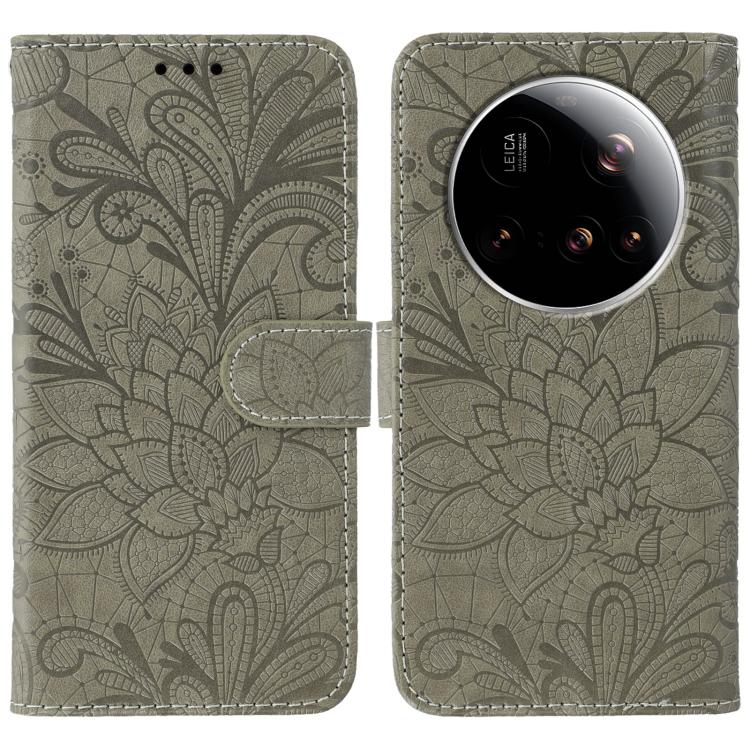 

For Xiaomi 15 Ultra Lace Flower Embossing Flip Leather Phone Case(Grey)