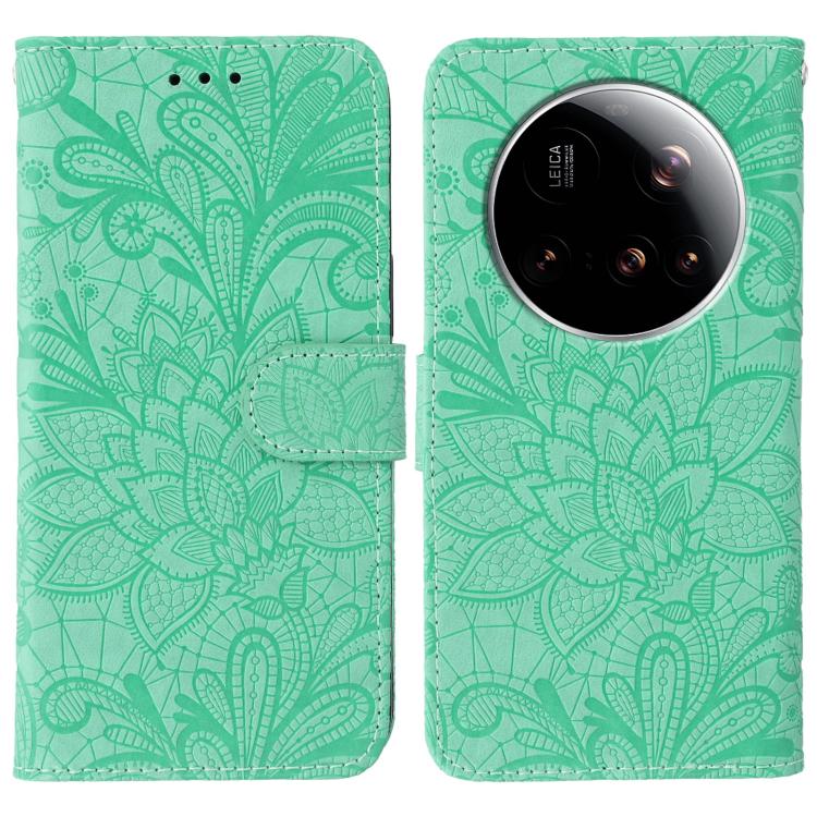 

For Xiaomi 15 Ultra Lace Flower Embossing Flip Leather Phone Case(Green)