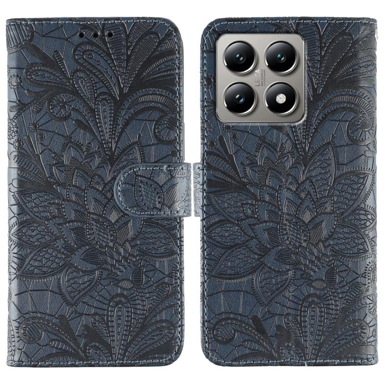 

For Xiaomi 14T Pro Lace Flower Embossing Flip Leather Phone Case(Dark Blue)
