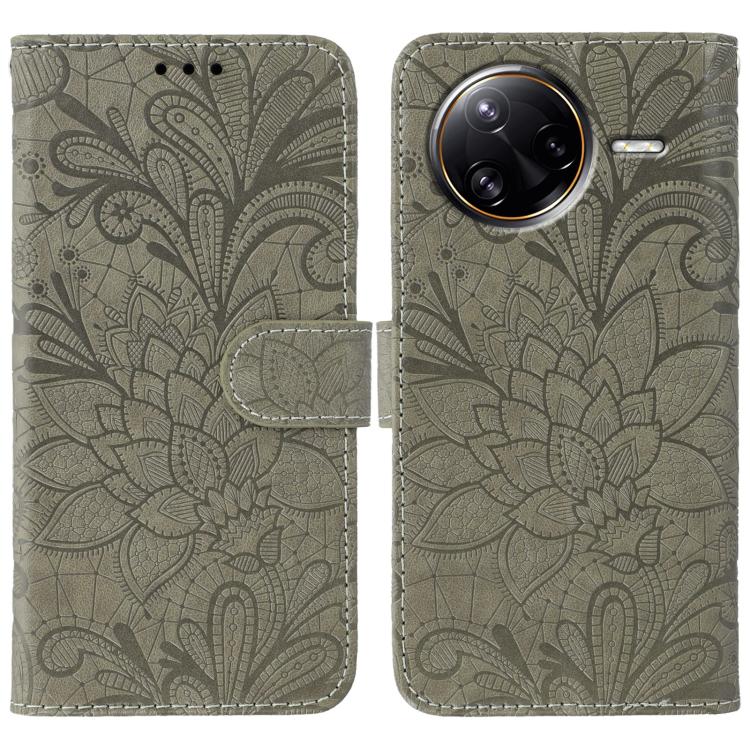 

For Xiaomi Poco F7 Ultra / Redmi K80 Pro Lace Flower Embossing Flip Leather Phone Case(Grey)