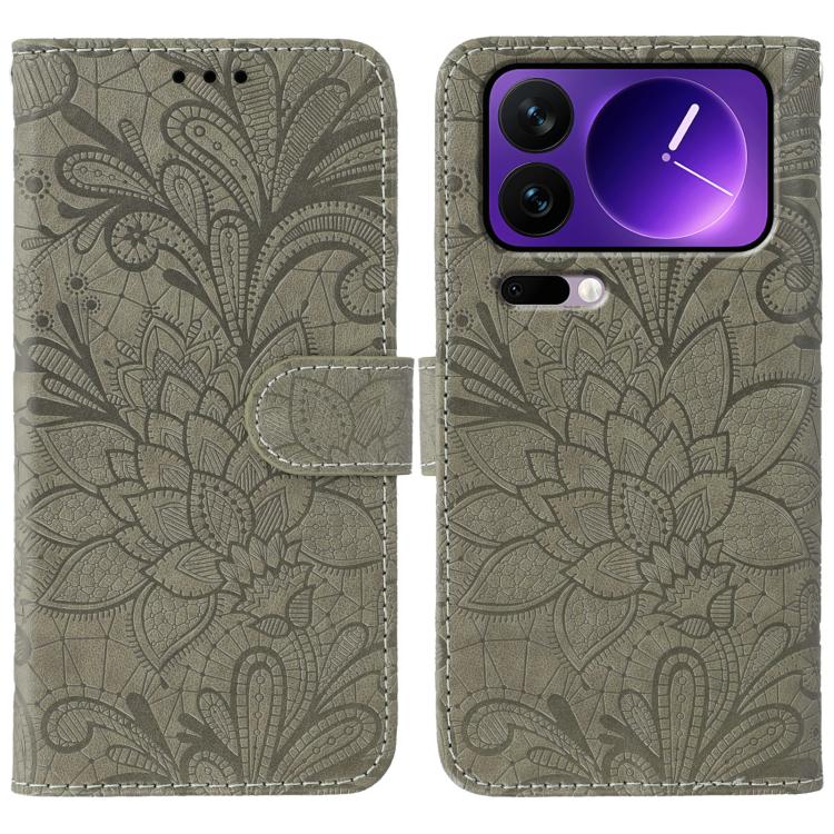 

For Xiaomi 17 Pro Lace Flower Embossing Flip Leather Phone Case(Grey)