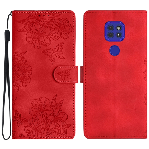 

For Motorola Moto G9 / G9 Play Cherry Blossom Butterfly Skin Feel Embossed PU Phone Case(Red)