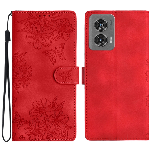 

For Motorola Edge 50 Fusion Cherry Blossom Butterfly Skin Feel Embossed PU Phone Case(Red)