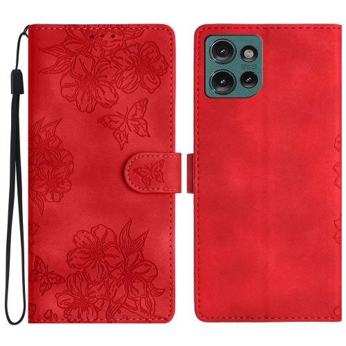 

For Motorola Edge 50 5G Cherry Blossom Butterfly Skin Feel Embossed PU Phone Case(Red)