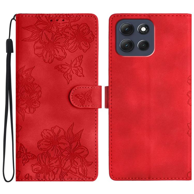 

For Motorola Moto G86 Power Cherry Blossom Butterfly Skin Feel Embossed PU Phone Case(Red)