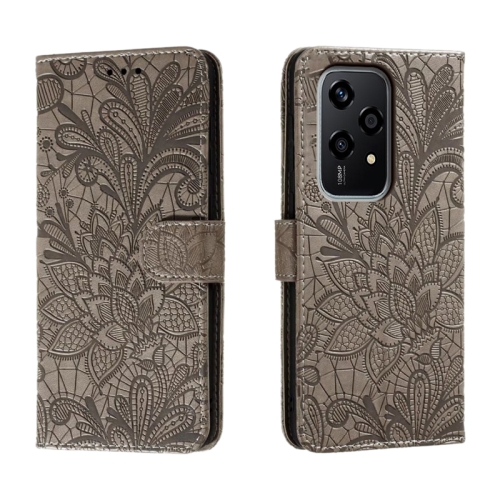 

For Honor 200 Lite Global Lace Flower Embossing Flip Leather Phone Case(Grey)