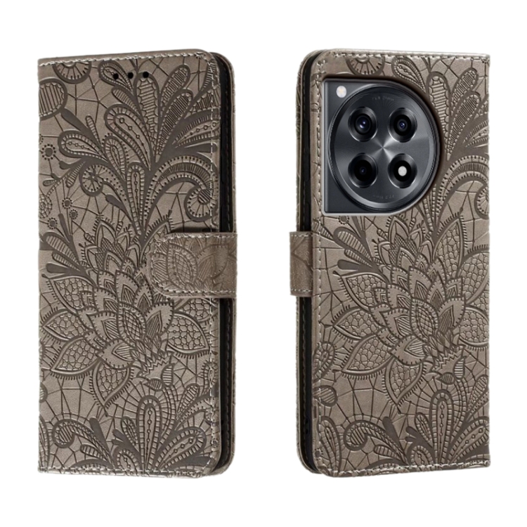 

For OnePlus ACE 3 Lace Flower Embossing Flip Leather Phone Case(Grey)