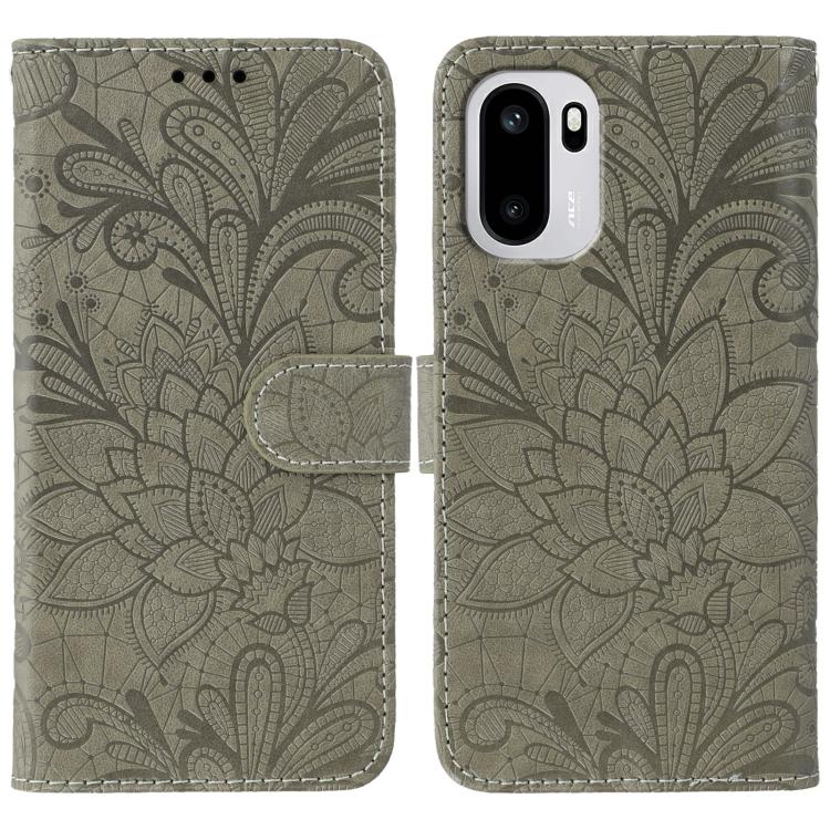 

For OnePlus Ace 6 Lace Flower Embossing Flip Leather Phone Case(Grey)