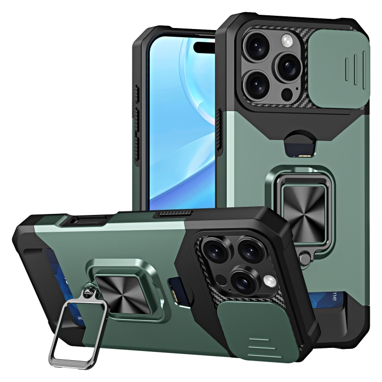 

For iPhone 16 Pro Camera Shield Card Slot PC+TPU Phone Case(Dark Green)