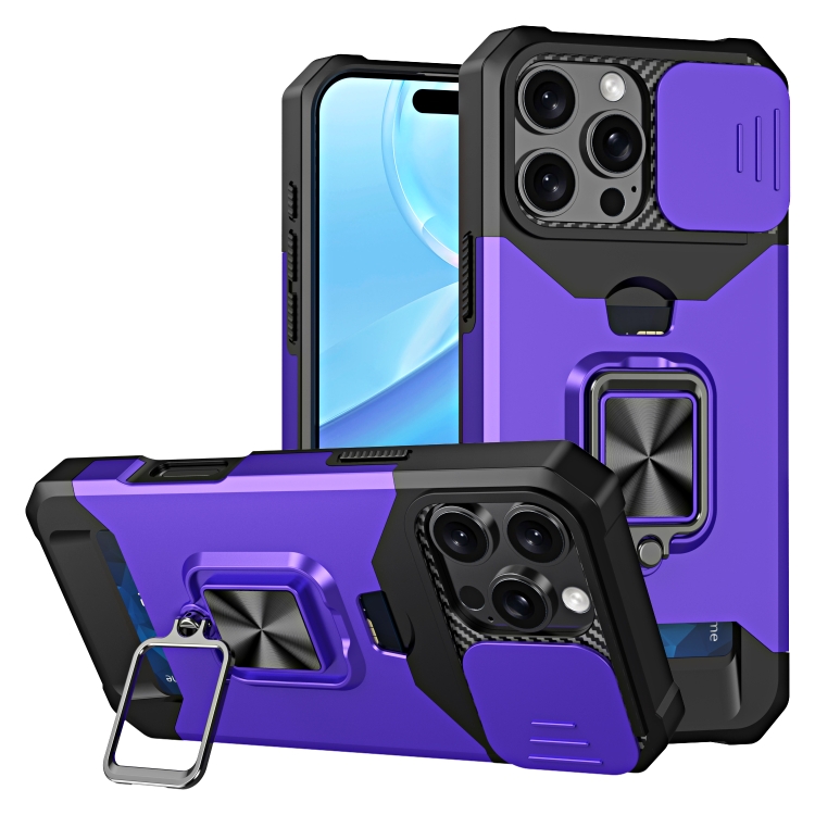 

For iPhone 16 Pro Camera Shield Card Slot PC+TPU Phone Case(Purple)