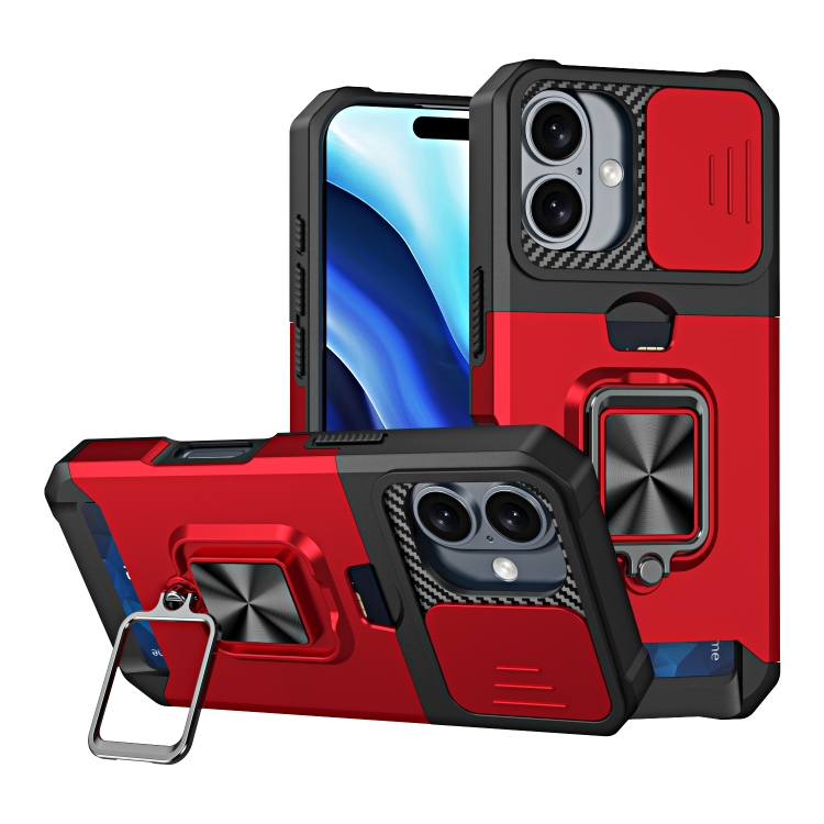 

For iPhone 16 Plus Camera Shield Card Slot PC+TPU Phone Case(Red)