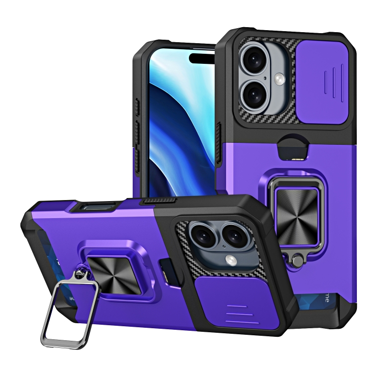 

For iPhone 16 Plus Camera Shield Card Slot PC+TPU Phone Case(Purple)