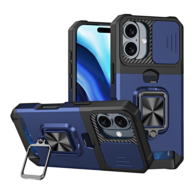 

For iPhone 16 Camera Shield Card Slot PC+TPU Phone Case(Blue)