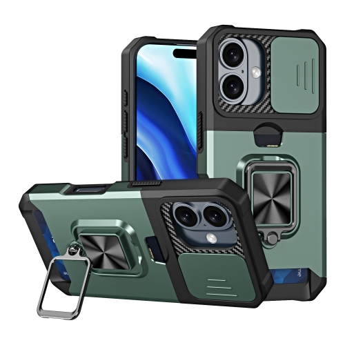 

For iPhone 16 Camera Shield Card Slot PC+TPU Phone Case(Dark Green)