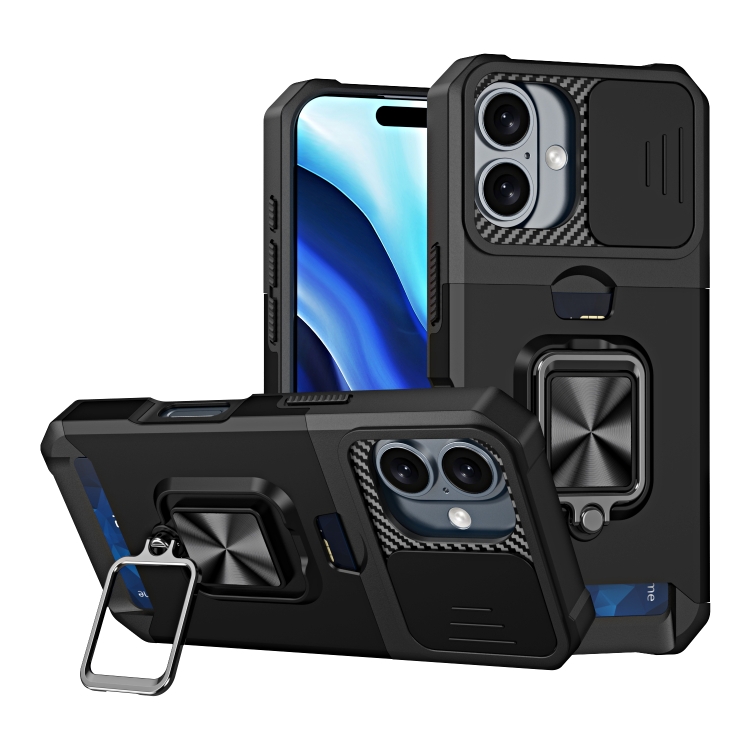 

For iPhone 16 Camera Shield Card Slot PC+TPU Phone Case(Black)