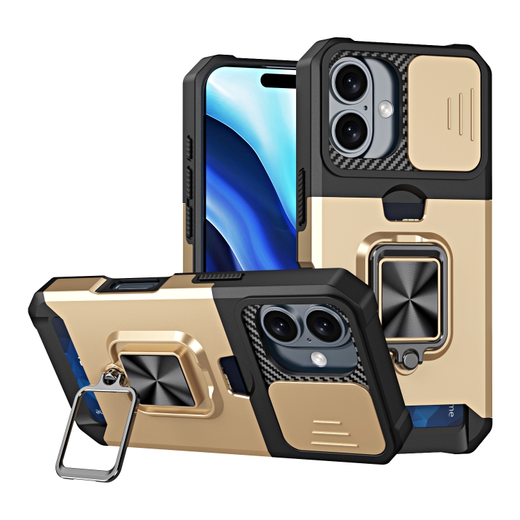 

For iPhone 16 Camera Shield Card Slot PC+TPU Phone Case(Gold)