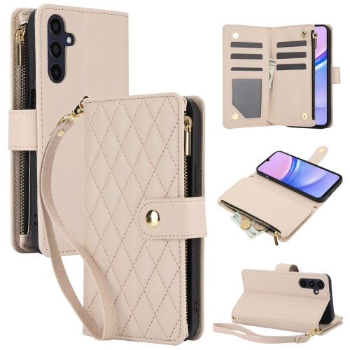 

For Samsung Galaxy A15 4G / 5G YM016 Rhombic Zipper Card Wallet Leather Phone Case with Lanyard(Apricot)