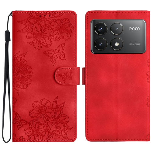 

For Xiaomi Poco F6 Pro Cherry Blossom Butterfly Skin Feel Embossed PU Phone Case(Red)