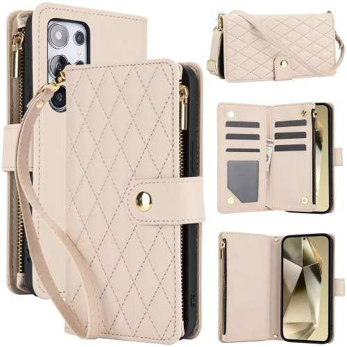 

For Samsung Galaxy S24 Ultra 5G YM016 Rhombic Zipper Card Wallet Leather Phone Case with Lanyard(Apricot)