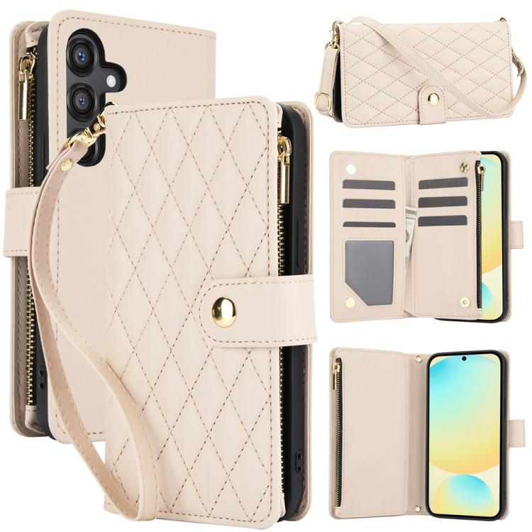 

For Samsung Galaxy S24 FE 5G YM016 Rhombic Zipper Card Wallet Leather Phone Case with Lanyard(Apricot)