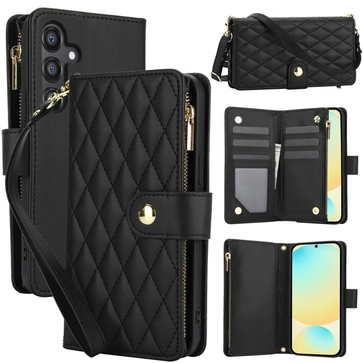 

For Samsung Galaxy S24 FE 5G YM016 Rhombic Zipper Card Wallet Leather Phone Case with Lanyard(Black)