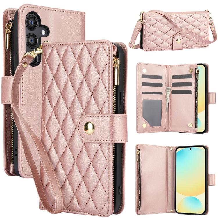 

For Samsung Galaxy S24 FE 5G YM016 Rhombic Zipper Card Wallet Leather Phone Case with Lanyard(Rose Gold)