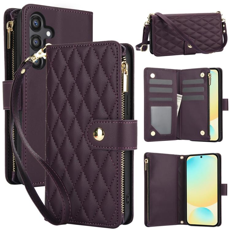 

For Samsung Galaxy S24 FE 5G YM016 Rhombic Zipper Card Wallet Leather Phone Case with Lanyard(Dark Purple)