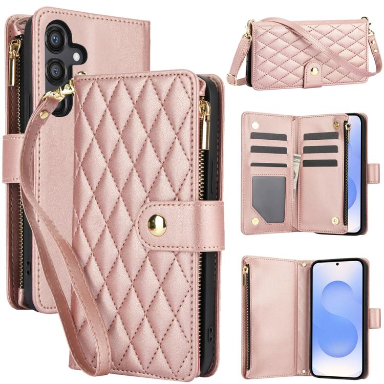 

For Samsung Galaxy S25 / S24 5G YM016 Rhombic Zipper Card Wallet Leather Phone Case with Lanyard(Rose Gold)
