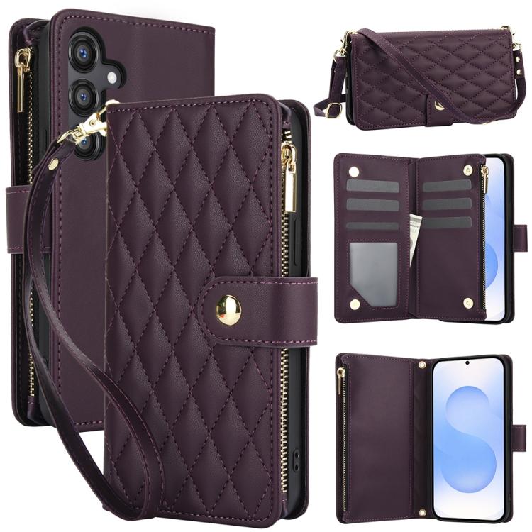 

For Samsung Galaxy S25 / S24 5G YM016 Rhombic Zipper Card Wallet Leather Phone Case with Lanyard(Dark Purple)