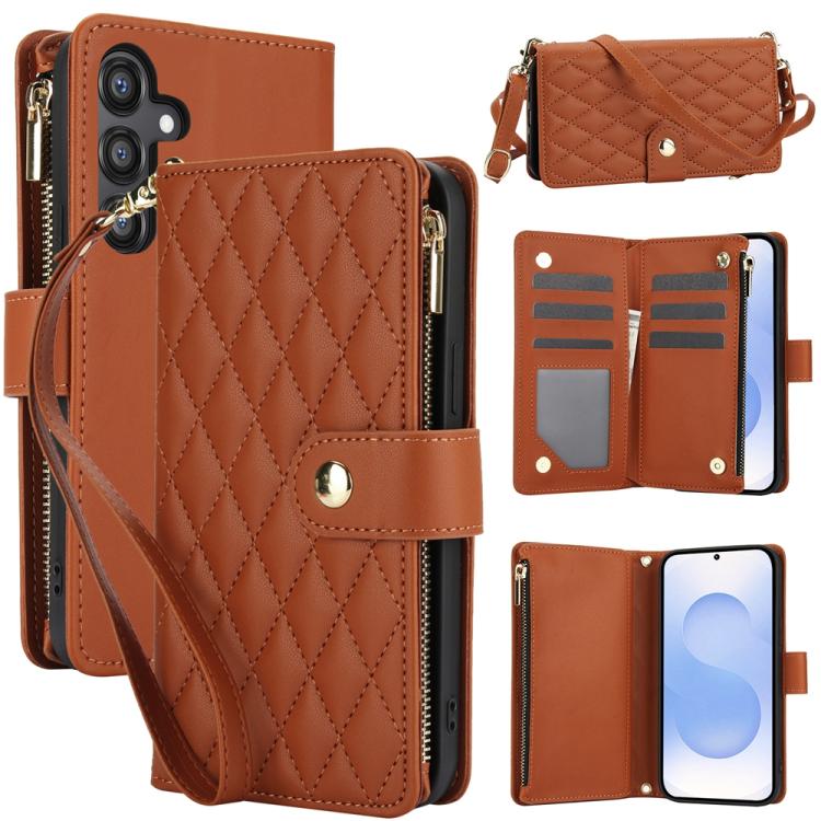 

For Samsung Galaxy S25 / S24 5G YM016 Rhombic Zipper Card Wallet Leather Phone Case with Lanyard(Brown)