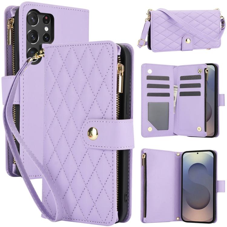 

For Samsung Galaxy S25 Ultra 5G YM016 Rhombic Zipper Card Wallet Leather Phone Case with Lanyard(Light Purple)