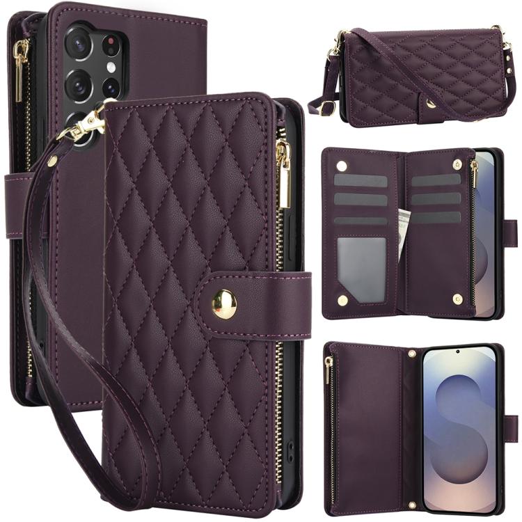 

For Samsung Galaxy S25 Ultra 5G YM016 Rhombic Zipper Card Wallet Leather Phone Case with Lanyard(Dark Purple)