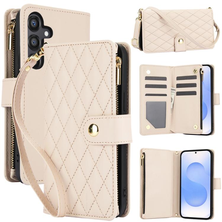 

For Samsung Galaxy S25+ / S24+ 5G YM016 Rhombic Zipper Card Wallet Leather Phone Case with Lanyard(Apricot)