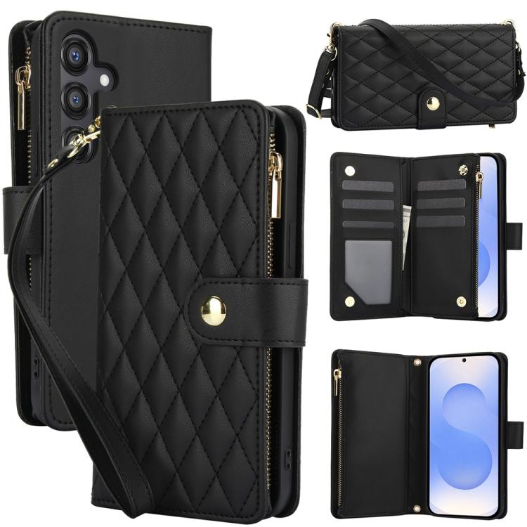 

For Samsung Galaxy S25+ / S24+ 5G YM016 Rhombic Zipper Card Wallet Leather Phone Case with Lanyard(Black)