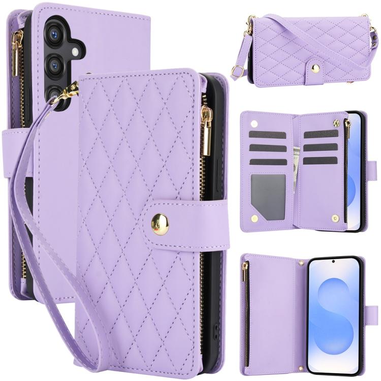 

For Samsung Galaxy S25+ / S24+ 5G YM016 Rhombic Zipper Card Wallet Leather Phone Case with Lanyard(Light Purple)