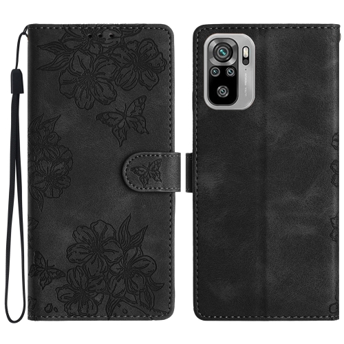 

For Xiaomi Redmi Note 10 4G Cherry Blossom Butterfly Skin Feel Embossed PU Phone Case(Black)