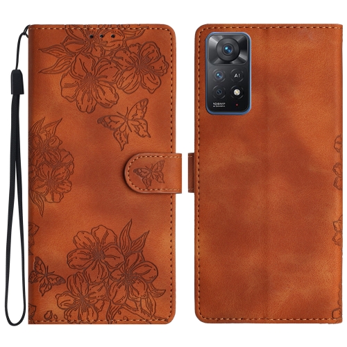 

For Xiaomi Redmi Note 11 4G Global Cherry Blossom Butterfly Skin Feel Embossed PU Phone Case(Brown)