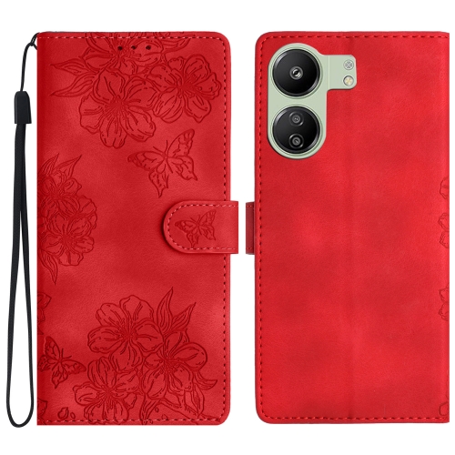 

For Xiaomi Redmi 13C 4G Global Cherry Blossom Butterfly Skin Feel Embossed PU Phone Case(Red)